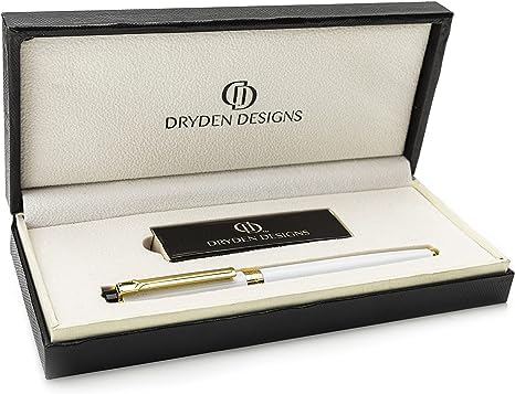 Dryden Designs Fountain Pen. Medium Nib Premium Box | 6 Ink Cartridges Included (Pearl White)