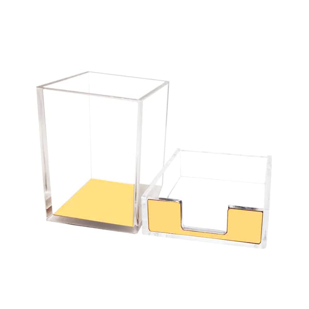 Clear Acrylic Body Bright Yellow Gold Tone Sticky Memo Pad Holder N Pen Holder Set for Office