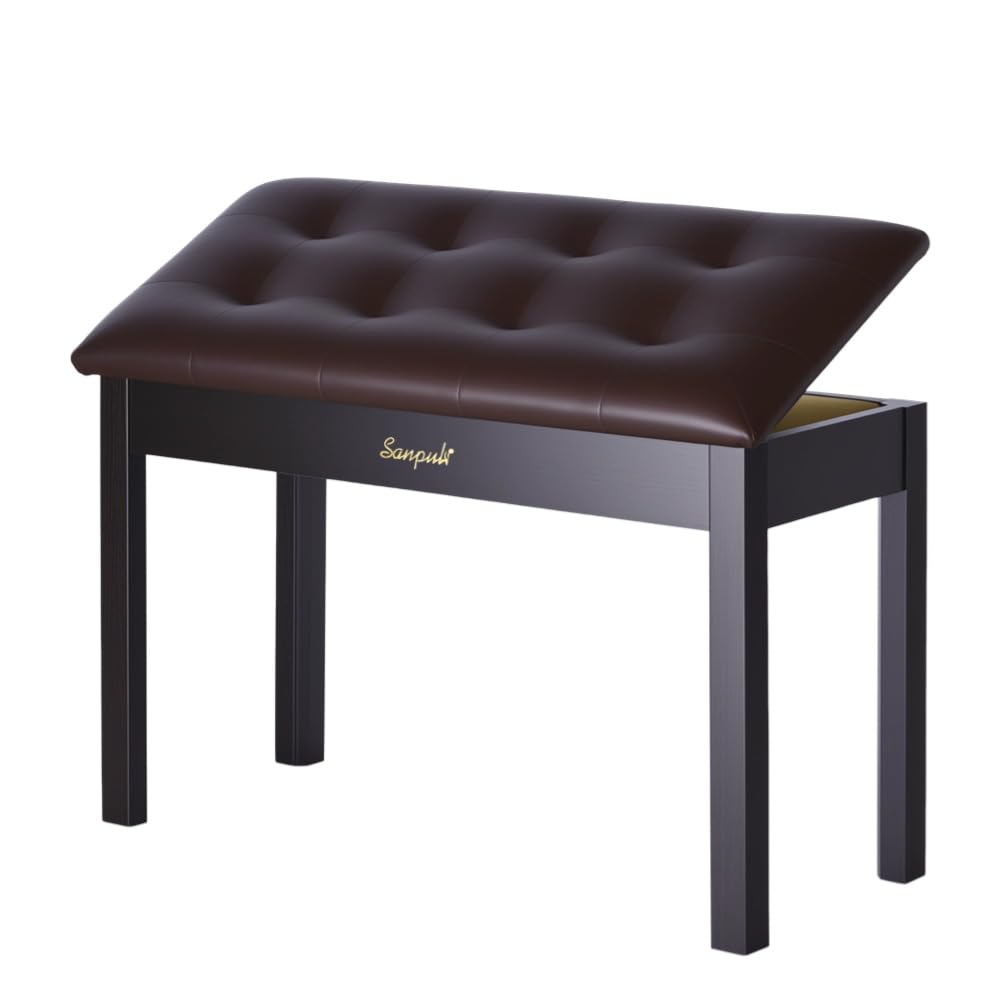 Sanpuli Solid Wood Duet Piano Bench with Storage, Piano Stool and Padded Cushion, Keyboard Bench