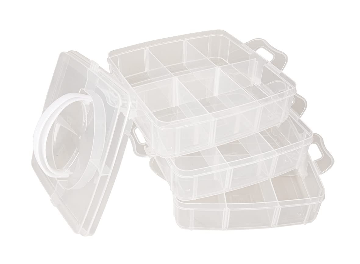 Rayher, 3-tier stackable Craft Storage with adjustable compartments, clear plastic Box Organiser