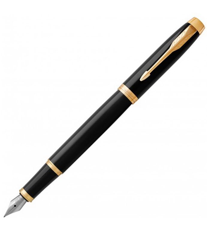Parker IM Fountain Pen, Black Lacquer with Gold Trim, Fine Nib - Includes Blue Ink Refill and
