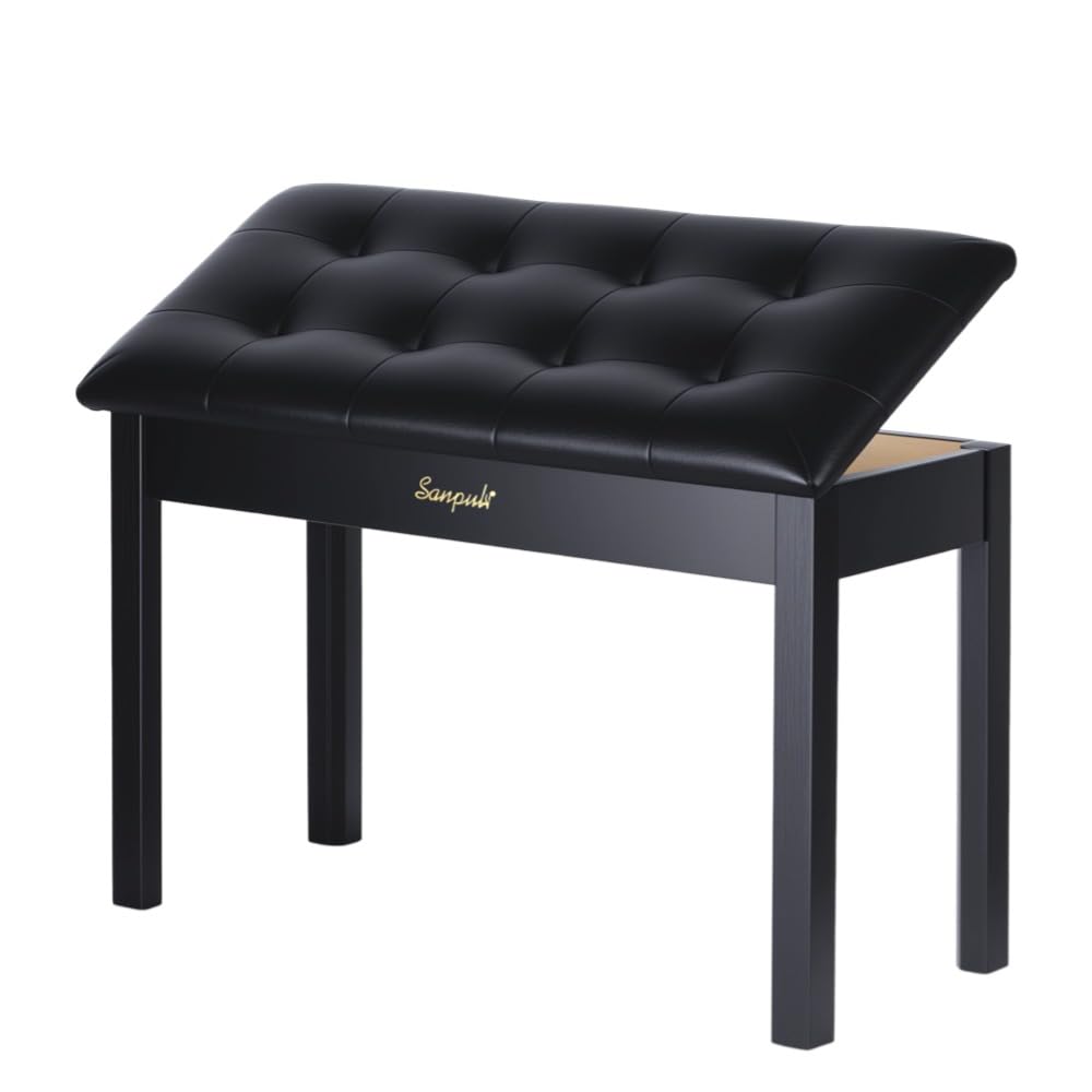 Sanpuli Solid Wood Duet Piano Bench with Storage, Piano Stool and Padded Cushion, Keyboard Bench