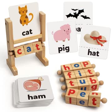 Coogam Wooden Reading Blocks Short Vowel Rods Spelling Games, Flash Cards Turning Rotating Letter