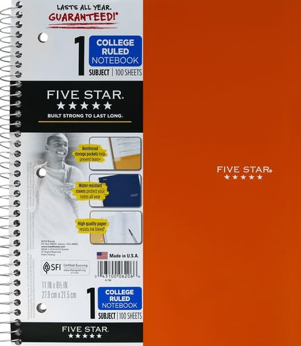 Five Star Spiral Notebook, 1 Subject, College Ruled Paper, 100 Sheets, 11" x 8-1/2", Color Selected