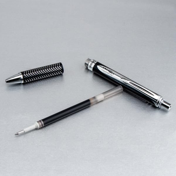 Pentel Energel Alloy Retractable Liquid Gel Pen, (0.7mm) Medium Line, Black Barrel, Blue Barrel