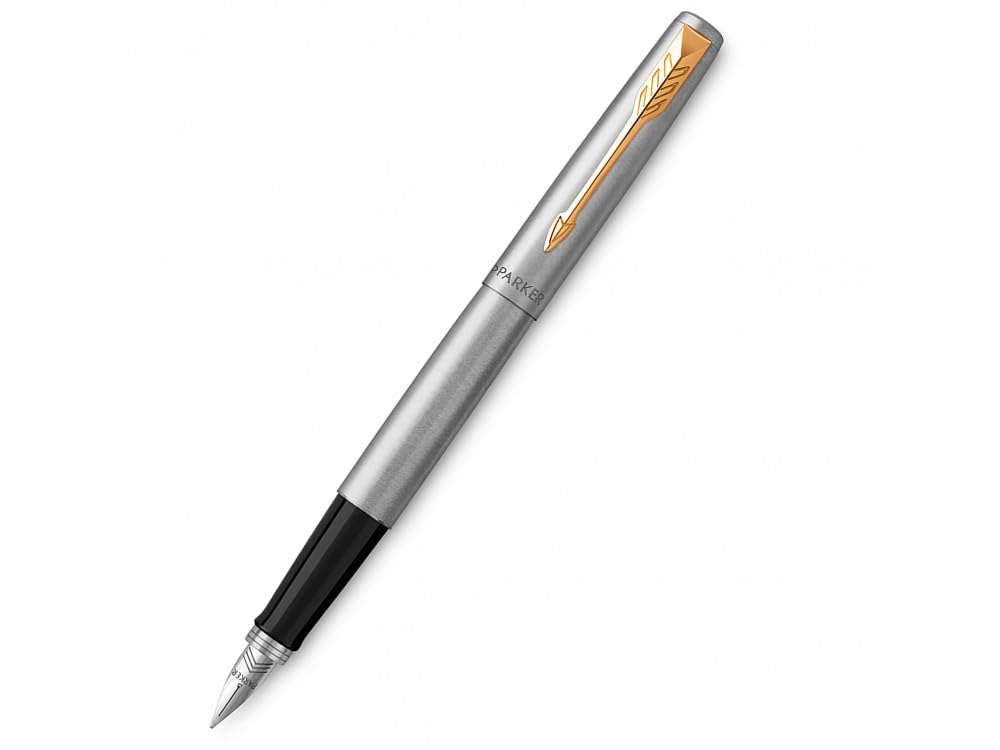 Parker Jotter Fountain Pen, Stainless Steel with Gold Trim, Medium Nib, Blue Ink & Gift Box