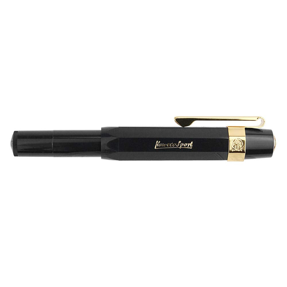 Kaweco Sport Classic Fountain Pen Black, Fine Nib Sport Octagonal Clip Gold.