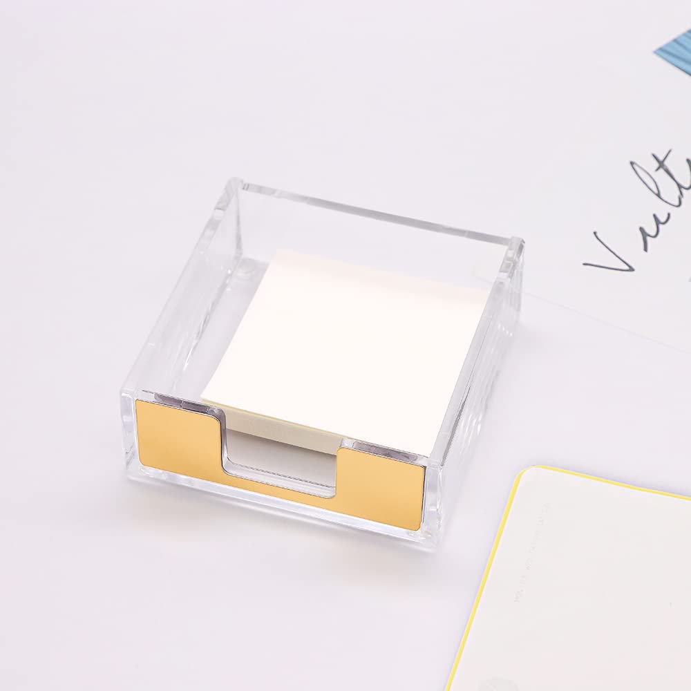 Clear Acrylic Body Bright Yellow Gold Tone Sticky Memo Pad Holder N Pen Holder Set for Office