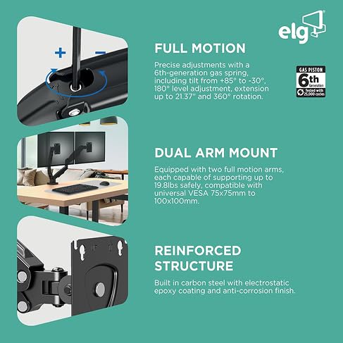 ELG Dual Monitor Stand, Gas Spring with Independent Arms, 17-35" Screens up to 19.8 lbs Each, 360°