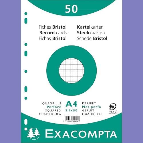 Exacompta - Ref 12606E - Bristol Squared Record Cards (Pack of 50) - A4 in Size, 205gsm Card