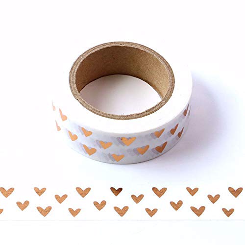 Syntego White with Rose Gold Foil Hearts Washi Tape 15mm x 10m - Self-Adhesive Decorative Tape; for