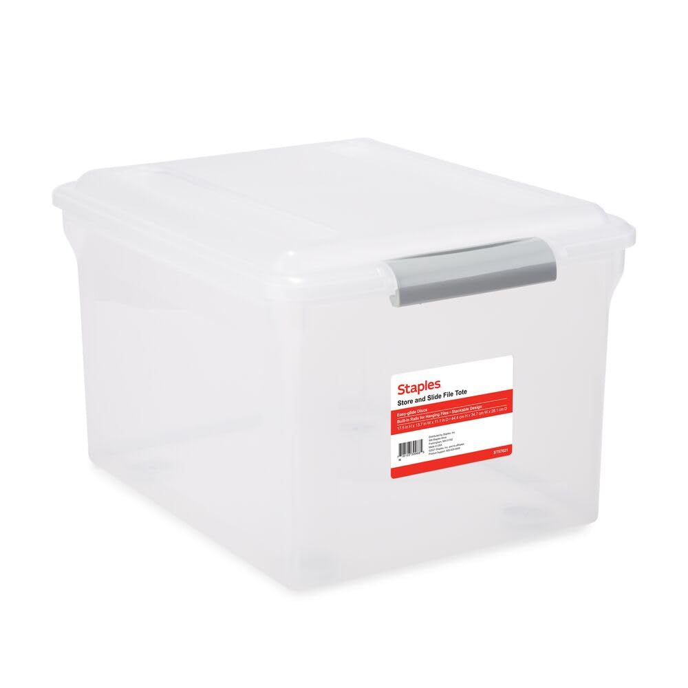 STAPLES Store & Slide Plastic File Box, Latching, Letter/Legal, 4/Ctn
