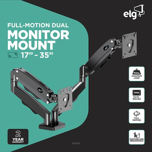 ELG Dual Monitor Stand, Gas Spring with Independent Arms, 17-35" Screens up to 19.8 lbs Each, 360°
