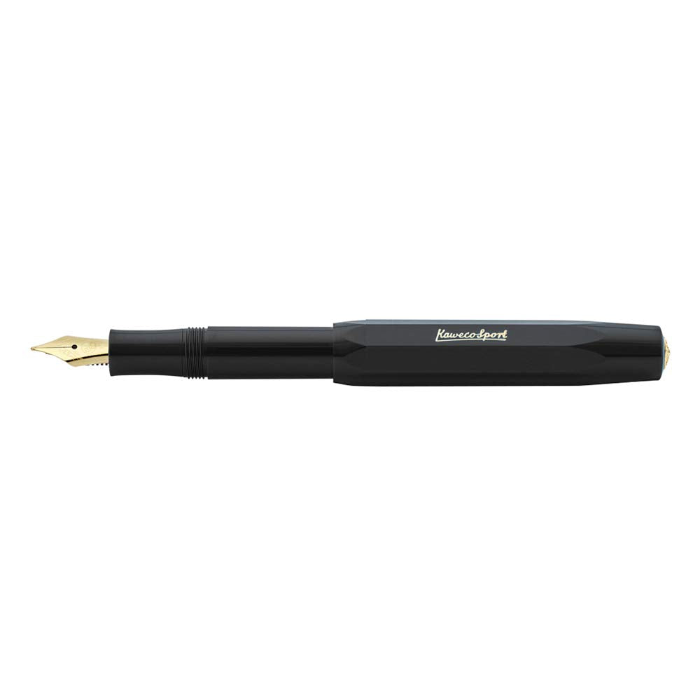 Kaweco Sport Classic Fountain Pen Black, Fine Nib Sport Octagonal Clip Gold.