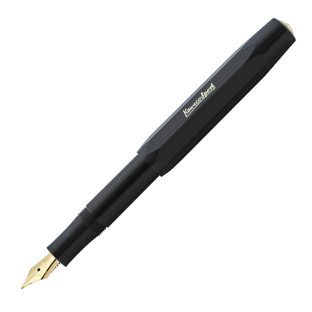 Kaweco Sport Classic Fountain Pen Black, Fine Nib Sport Octagonal Clip Gold.