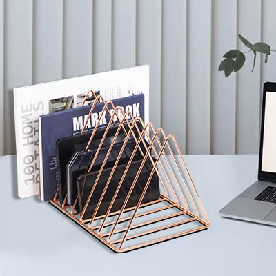 EASEPRES Rose Gold Magazine Holder, Desktop File Sorter Organizer Triangle 9 Slot Newspaper Record