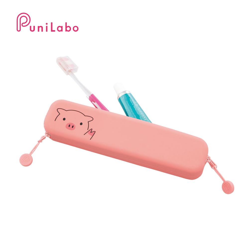 LIHIT LAB PuniLabo Slim Zipper Pen Pouch, 7.9" × 1.9", Pig (A7717-5)