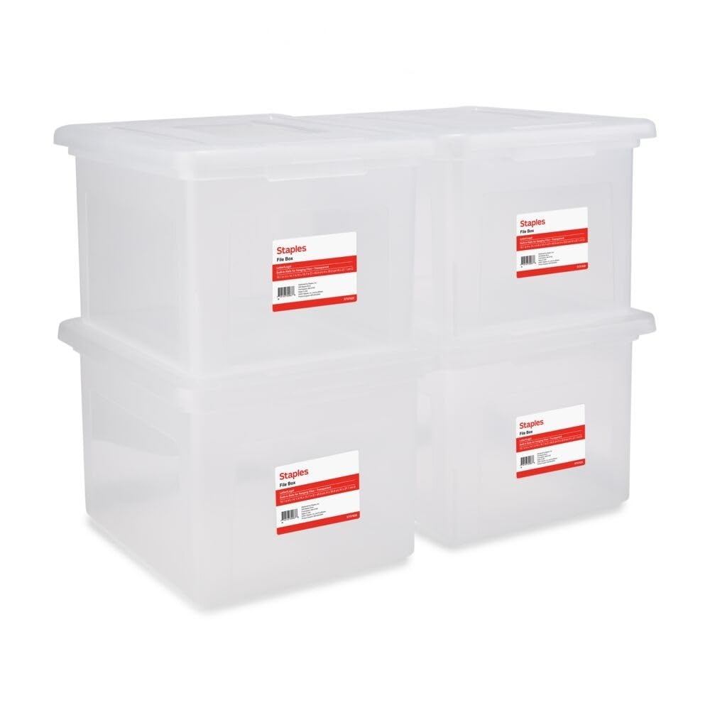 STAPLES Plastic File Box with Snap Lid, Letter/Legal Size, Clear, 4/Carton