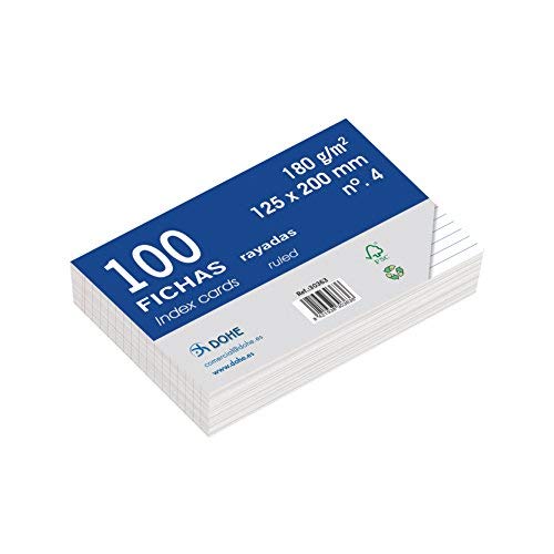 Dohe - Pack of 100 Smooth Lined White Index Cards - 180 g - No. 4-125 x 200 mm - FSC Mix