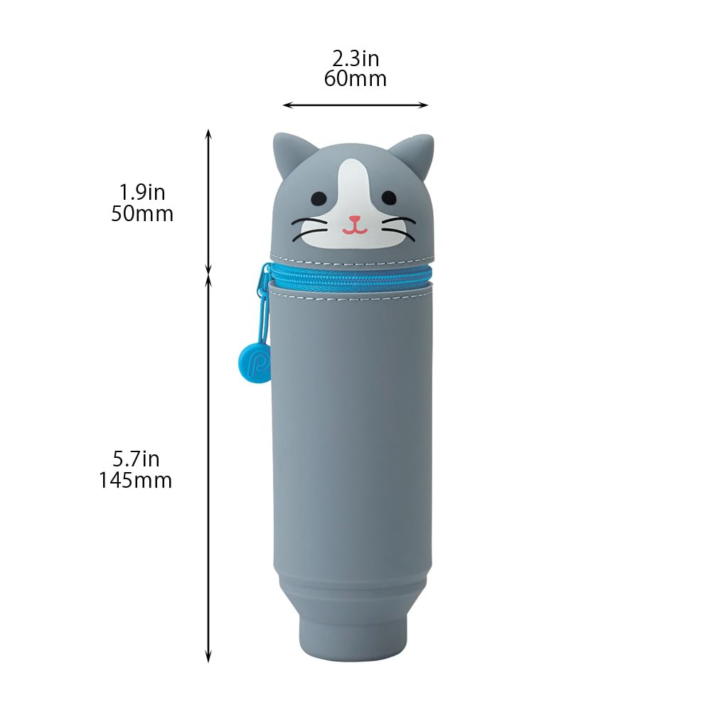 LIHIT LAB Kawaii Japanese Gray Cat Stand Up Pencil Case For School Office College, Cute School
