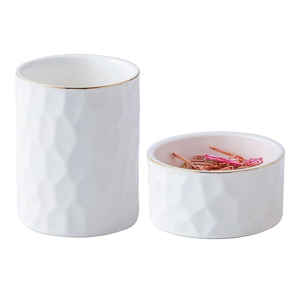 Aesthetic Desk Organizer Set of 2 For Office, Ceramic Pen Holder and Paper Clip Holder Dispenser
