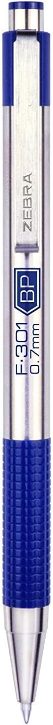 Zebra Pen F-301 Retractable Ballpoint Pen, Stainless Steel Barrel, Fine Point 0.7mm, Non-Slip Grip