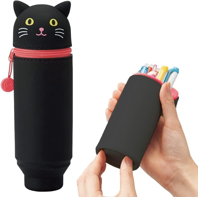 LIHIT LAB Kawaii Japanese Black Cat Stand Up Pencil Case For School Office College, Cute School
