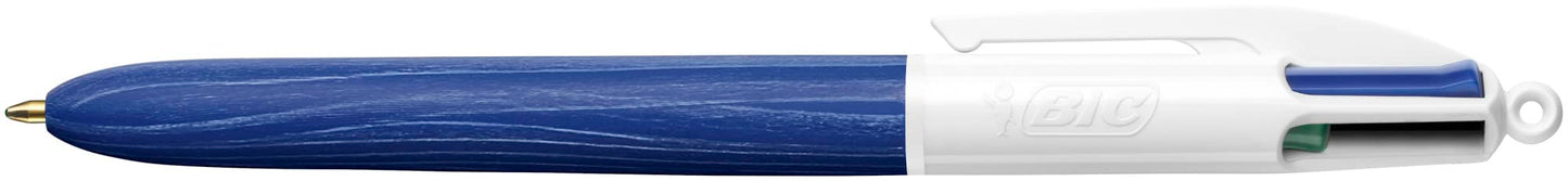 Bic 4 Colours Wood Effect Pens, Multi Coloured Pens All In One, Retractable Pens, Medium 1.0mm