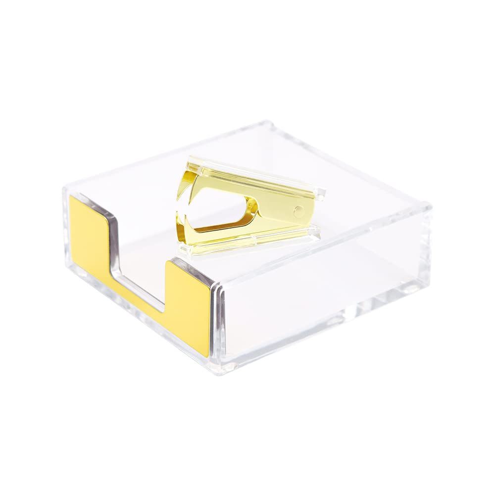 Clear Acrylic Body Bright Yellow Gold Tone Self-Stick Note Pad Holder N Staples Remover Set for