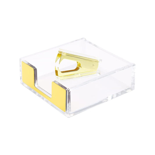 Clear Acrylic Body Bright Yellow Gold Tone Self-Stick Note Pad Holder N Staples Remover Set for
