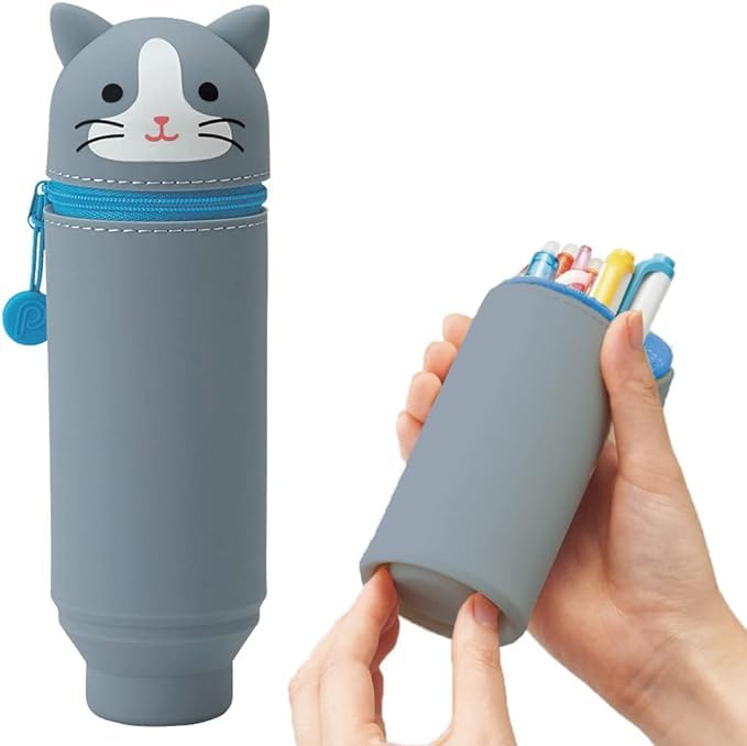 LIHIT LAB Kawaii Japanese Gray Cat Stand Up Pencil Case For School Office College, Cute School