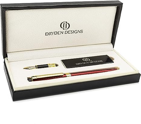 Dryden Designs Fountain Pen. Medium Nib Premium Box | 6 Ink Cartridges Included (Royal Red)