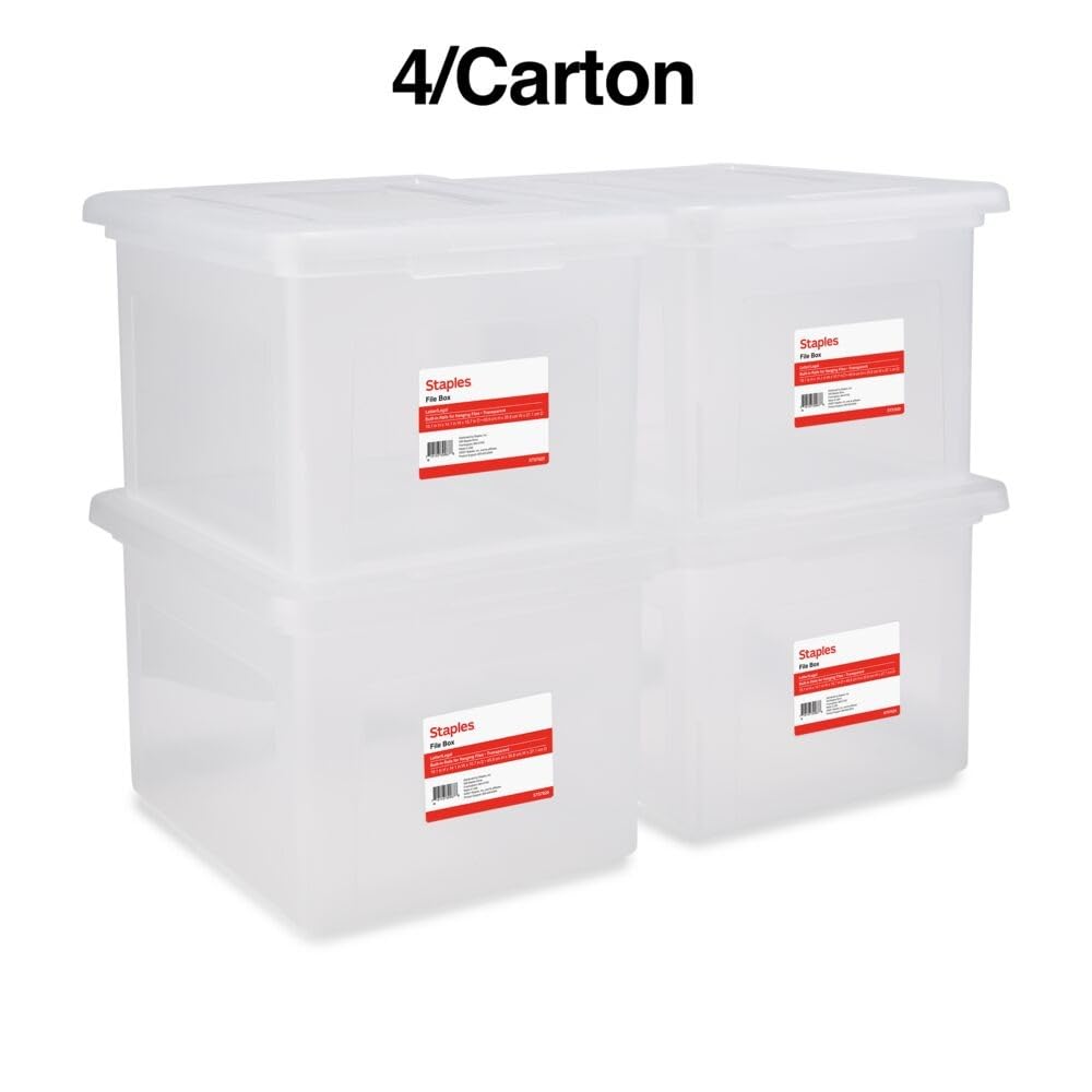 STAPLES Plastic File Box with Snap Lid, Letter/Legal Size, Clear, 4/Carton