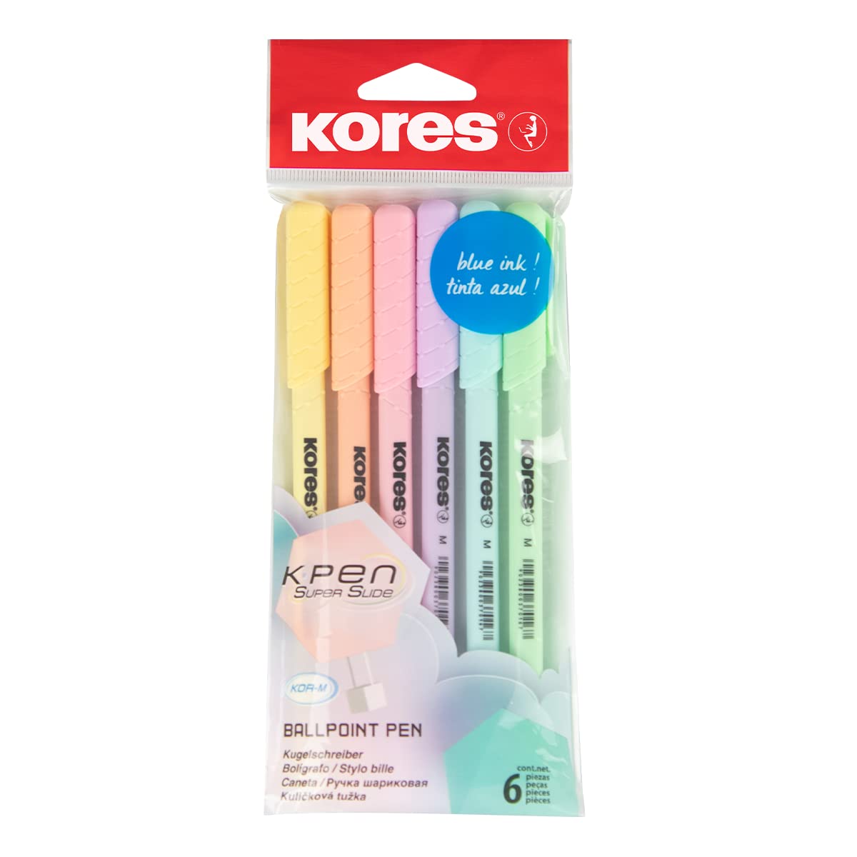 Kores - K0R-M: Ballpoint Pens with BLUE Semi-Gel Ink in Pastel Design, 1 mm Medium Point Biro for