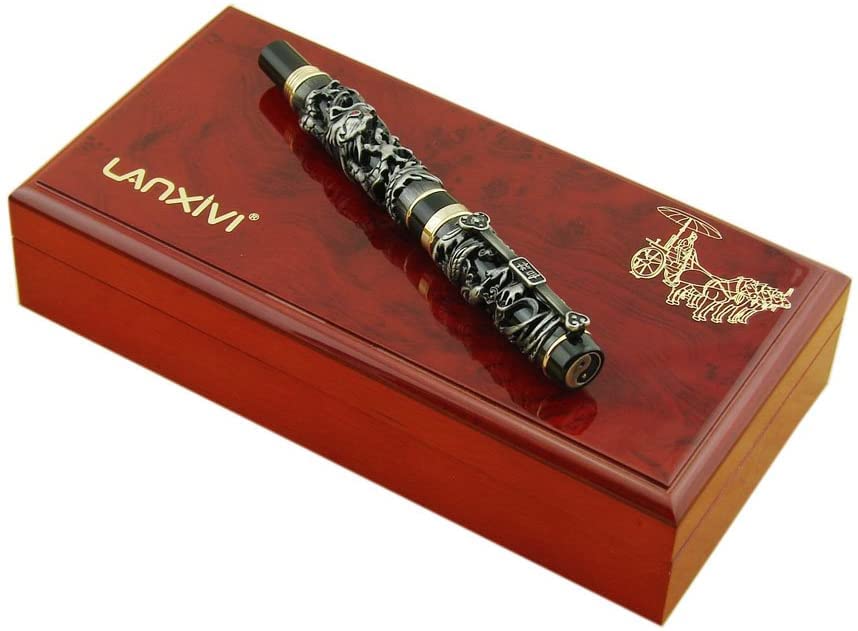 Lanxivi Dragon Phoenix Fountain Pen Medium Nib Writing Luxury Case Set Vintage Black Pen Collection