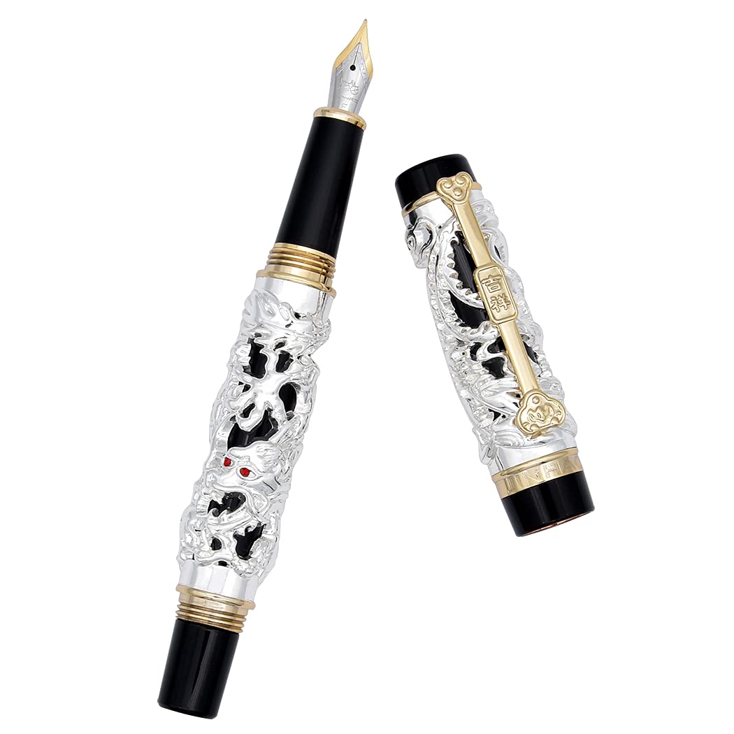 Dragon Pen Jinhao Fountain Pen Fine Nib Heavy Pen with Converter and Box Set, Silver