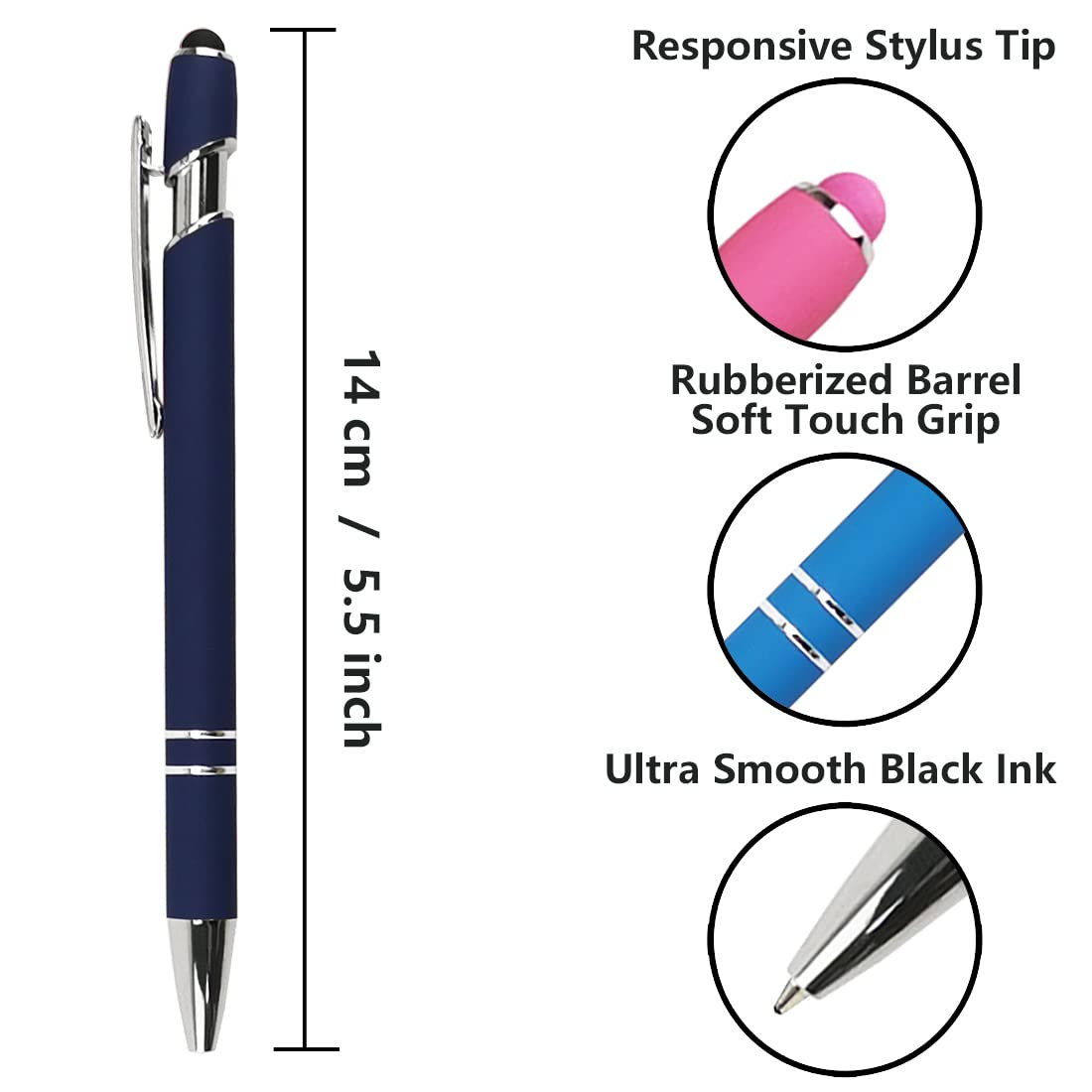 Oddmoal Ballpoint Pen with Stylus Tip, Soft Touch Click Metal Pen, 1.0mm Medium Point, Black Ink