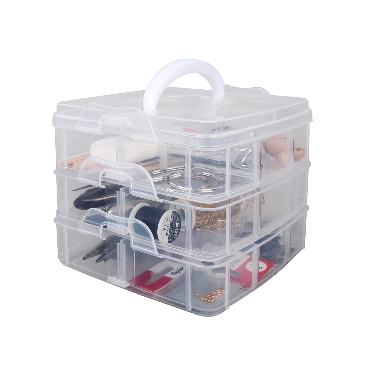 Rayher, 3-tier stackable Craft Storage with adjustable compartments, clear plastic Box Organiser