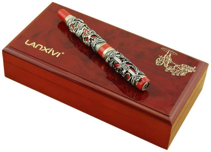 Jinhao Dragon Phoenix 3d Embossment Gray Red Fountain Pen Extra Fine Nib Chinese Ruyi Clip Wooden
