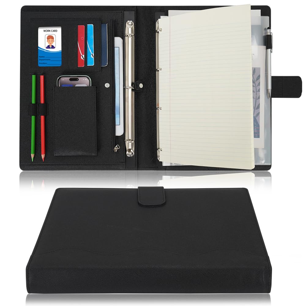 Wonderpool A4 PU Leather 3 & 4 Ring Holder Writing Portfolio Multi Document Case with Removable