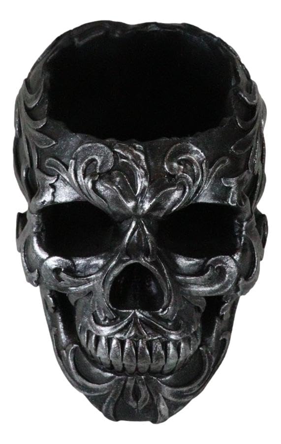 Ebros Gift Set Of 2 Tribal Tattoo Floral Skull Pen Holder Figurine 5.75" L Office Desktop Ossuary