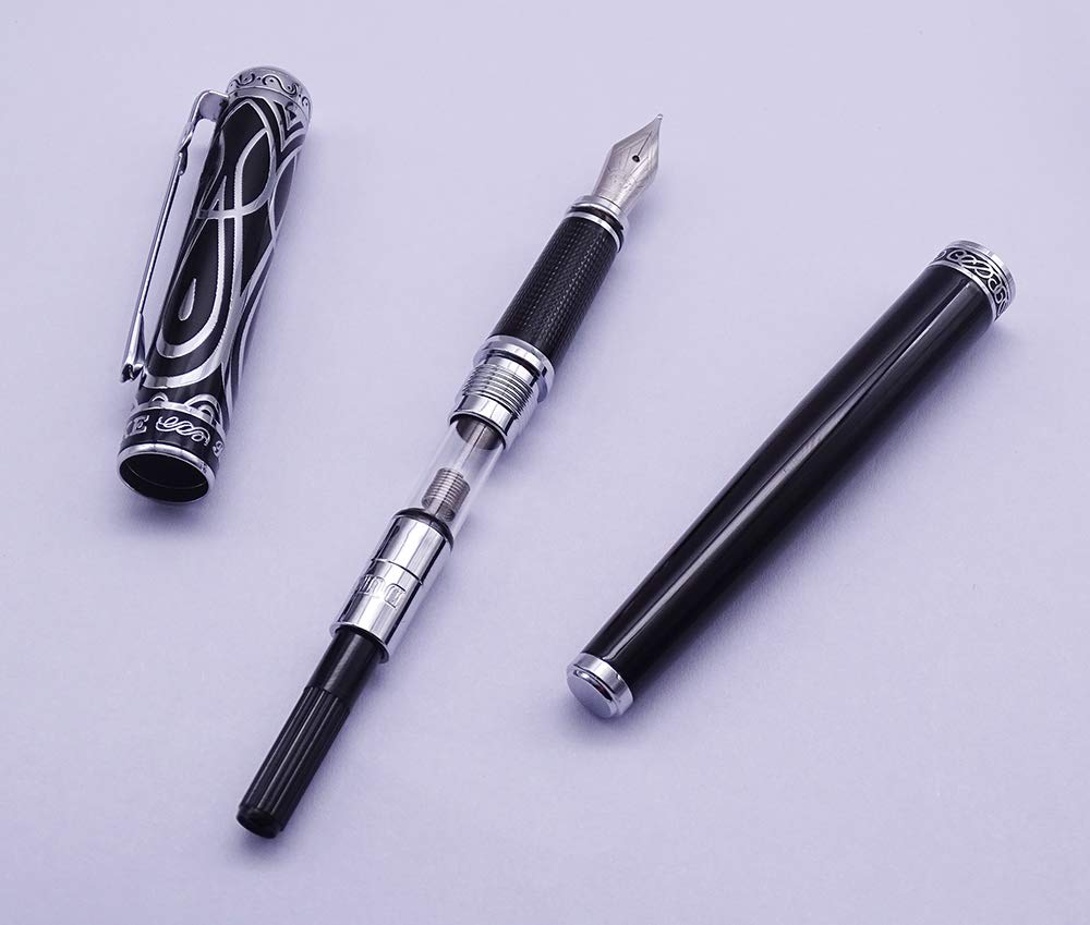 Lanxivi Duke Sweet Heart Pattern Black Fountain Pen Ruby Silver Trim