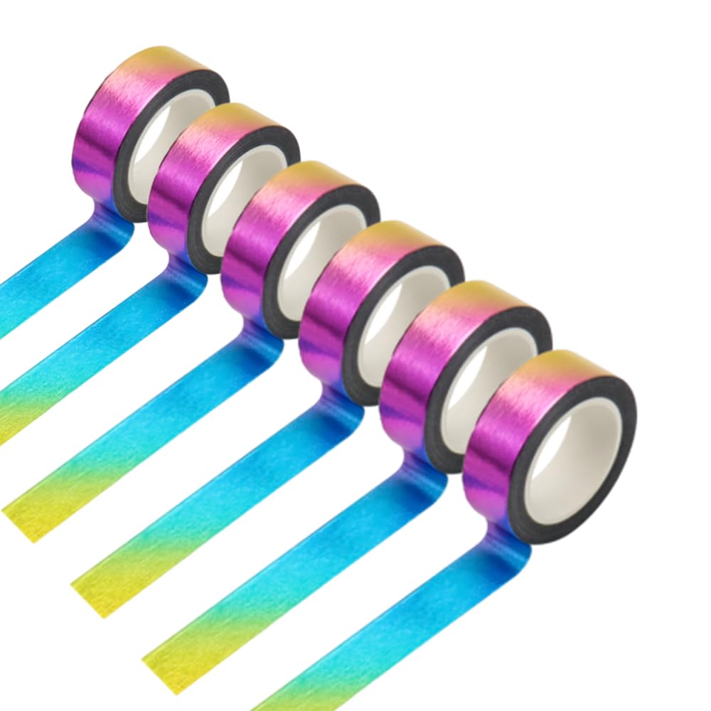 MEI YI TIAN 6 Rolls Solid Rainbow Foil Washi Tape Set 15mmx10m Metallic Paper Adhesive Masking