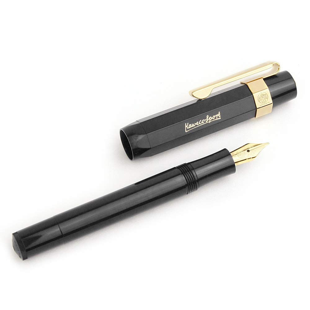 Kaweco Sport Classic Fountain Pen Black, Fine Nib Sport Octagonal Clip Gold.