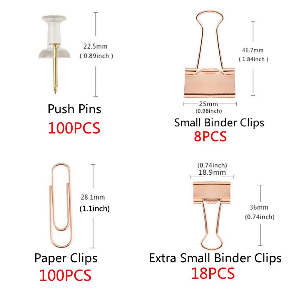 KIDMEN Rosegold kit,Set of Binder Clips,Paper Clips,Push Pins, Total 226pcs