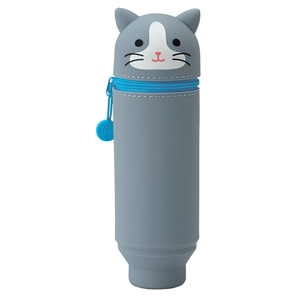 LIHIT LAB Kawaii Japanese Gray Cat Stand Up Pencil Case For School Office College, Cute School
