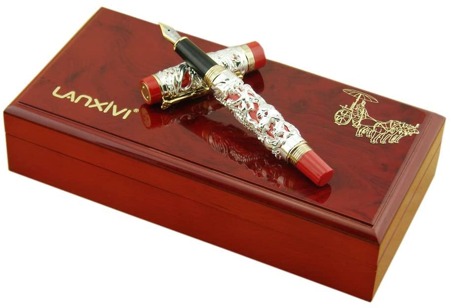 Jinhao Dragon Phoenix 3d Embossment Silver Red Fountain Pen Bent Nib Chinese Ruyi Clip Wooden Box