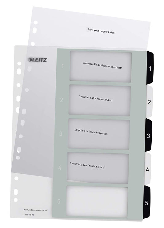Leitz Wow Printable Index, Extra-Wide, 1-5 Numbered Tabs, PP, A4, White/Black