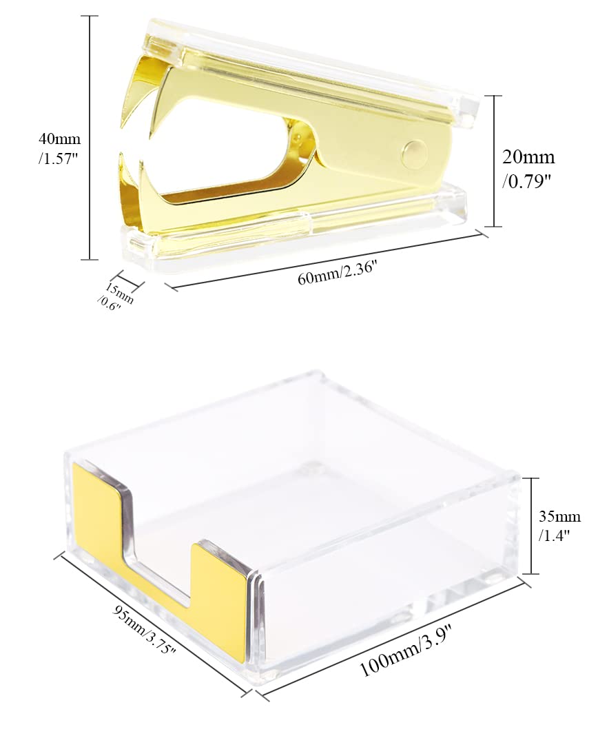 Clear Acrylic Body Bright Yellow Gold Tone Self-Stick Note Pad Holder N Staples Remover Set for