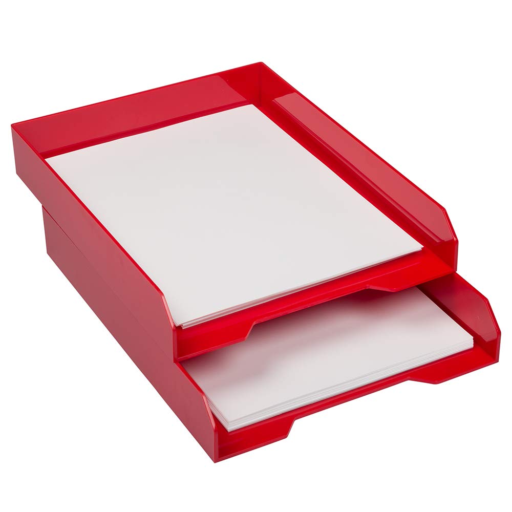 JAM PAPER Stackable Paper Trays - Red - Desktop Document, Letter, & File Organizer Tray - 2/Pack